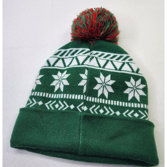 Slothmas Sloth Snowflake Green Red Christmas Holiday Pom Pom Knit Beanie Hat - Picture 3 of 4